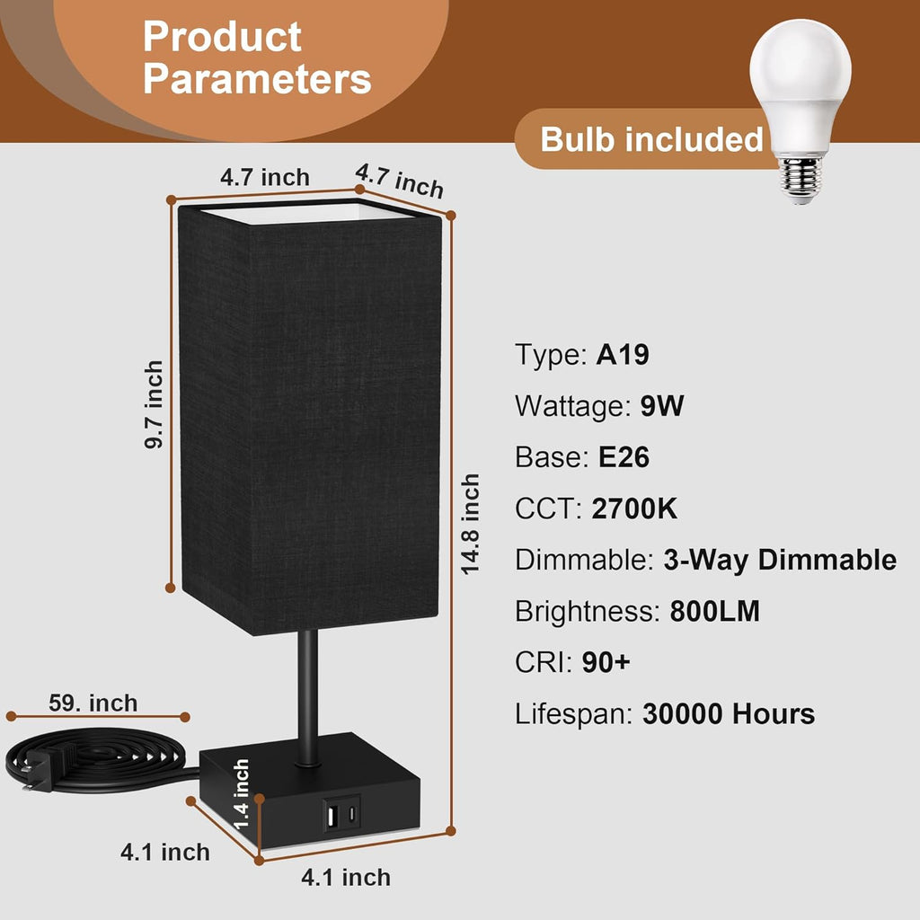 Sailstar 3-Way Dimmable Touch Table Lamp with USB Charging Ports - Elegant Black Nightstand Lamp for Bedroom, Living Room, and Desk