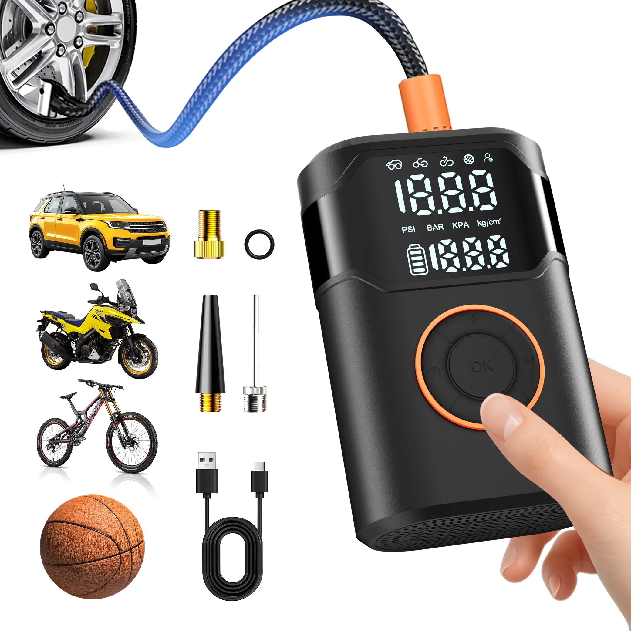 Okrinec Portable Tire Inflator - 150PSI High-Pressure Pump with Smart ON/OFF Hose Design, Lightweight Cordless, 4+1 Autostop Modes, Digital Gauge for Cars, Bicycles, Motorcycles & Balls - Includes USB Cable and Nozzles