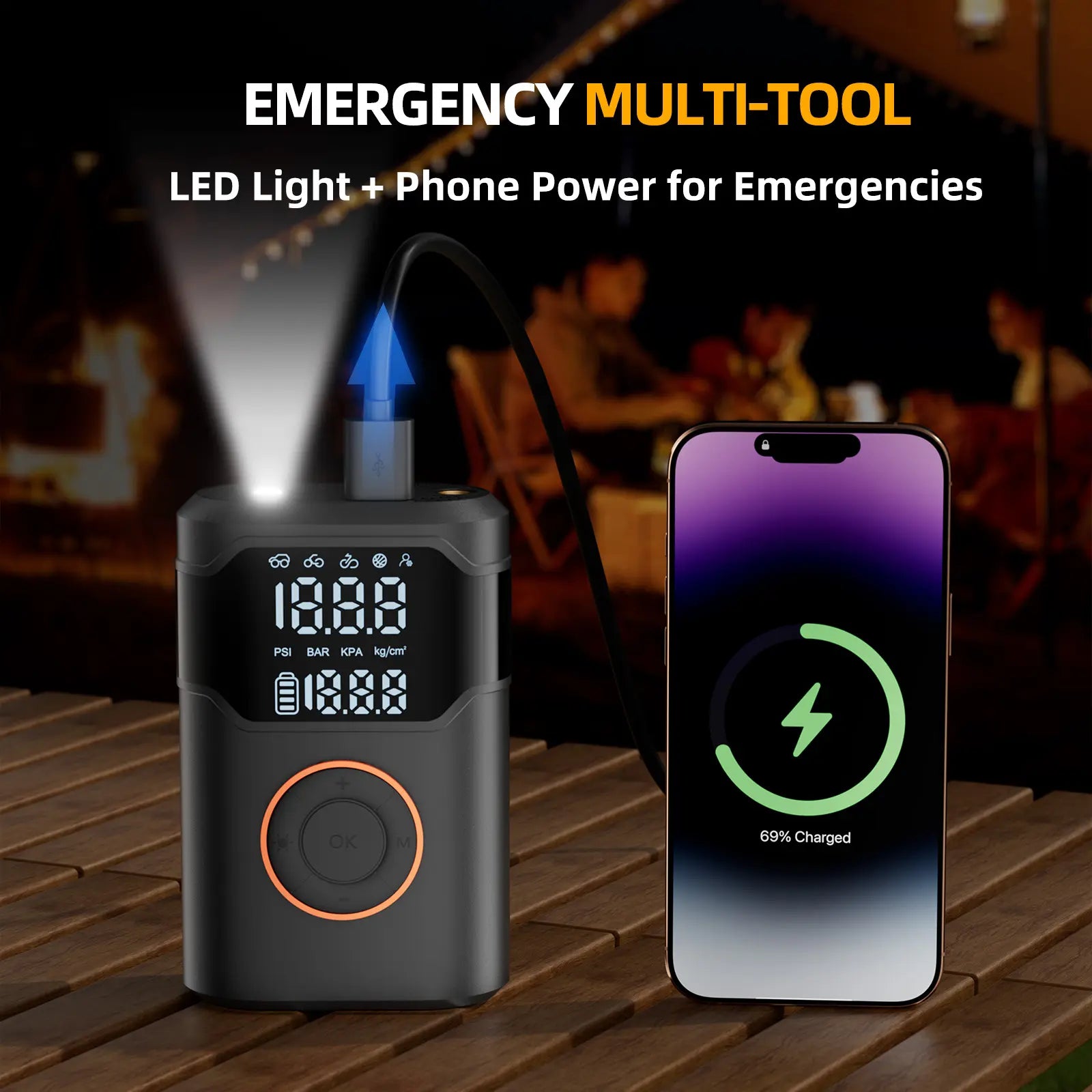 Okrinec Portable Tire Inflator - 150PSI High-Pressure Pump with Smart ON/OFF Hose Design, Lightweight Cordless, 4+1 Autostop Modes, Digital Gauge for Cars, Bicycles, Motorcycles & Balls - Includes USB Cable and Nozzles