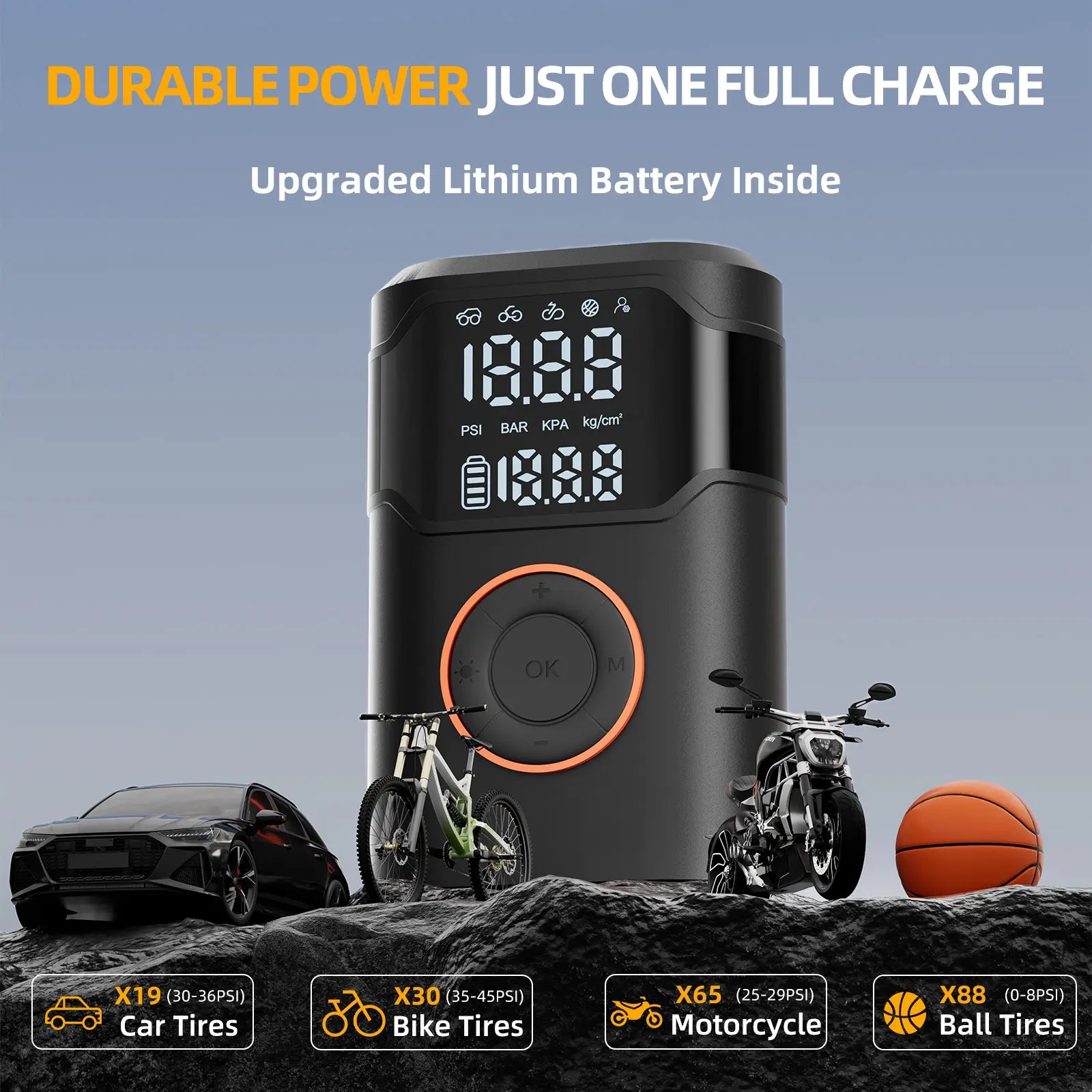 Okrinec Portable Tire Inflator - 150PSI High-Pressure Pump with Smart ON/OFF Hose Design, Lightweight Cordless, 4+1 Autostop Modes, Digital Gauge for Cars, Bicycles, Motorcycles & Balls - Includes USB Cable and Nozzles