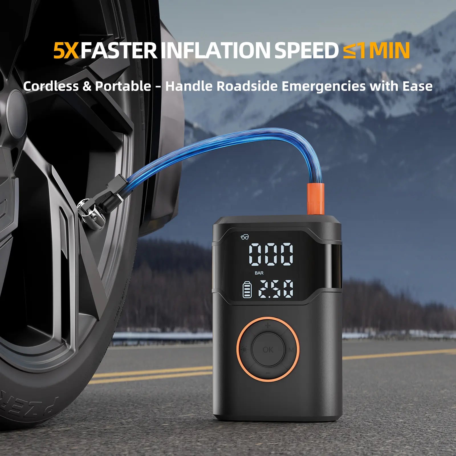 Okrinec Portable Tire Inflator - 150PSI High-Pressure Pump with Smart ON/OFF Hose Design, Lightweight Cordless, 4+1 Autostop Modes, Digital Gauge for Cars, Bicycles, Motorcycles & Balls - Includes USB Cable and Nozzles