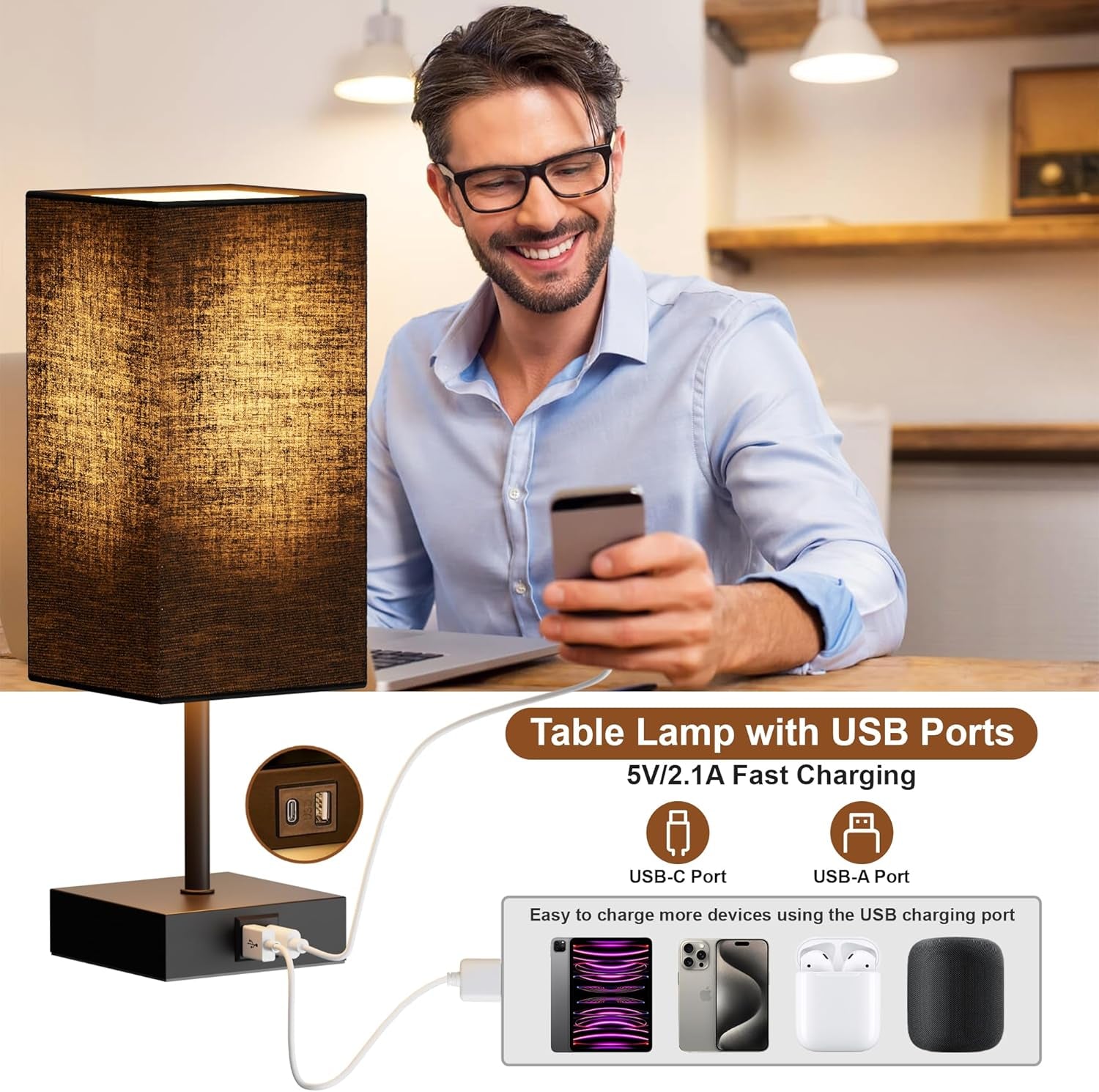 Sailstar 3-Way Dimmable Touch Table Lamp with USB Charging Ports - Elegant Black Nightstand Lamp for Bedroom, Living Room, and Desk