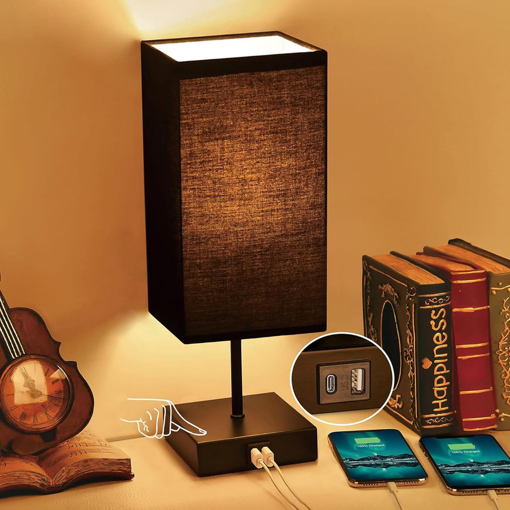 Sailstar 3-Way Dimmable Touch Table Lamp with USB Charging Ports - Elegant Black Nightstand Lamp for Bedroom, Living Room, and Desk