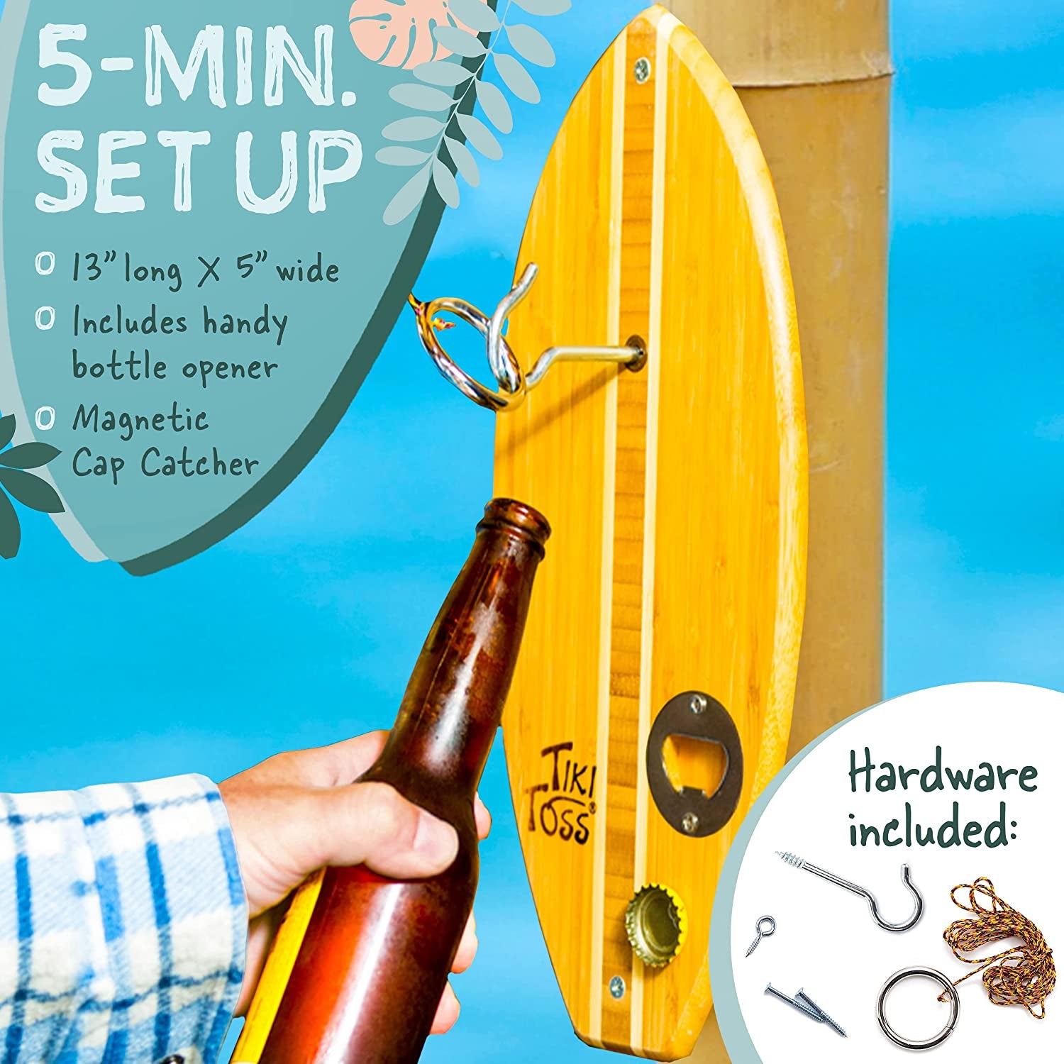 Bottle Opener Edition with Magnet Cap Catch - Crack Open a Cold One and Get Hooked - 100% Bamboo Hook and Ring Toss Party Game (All Parts Included)