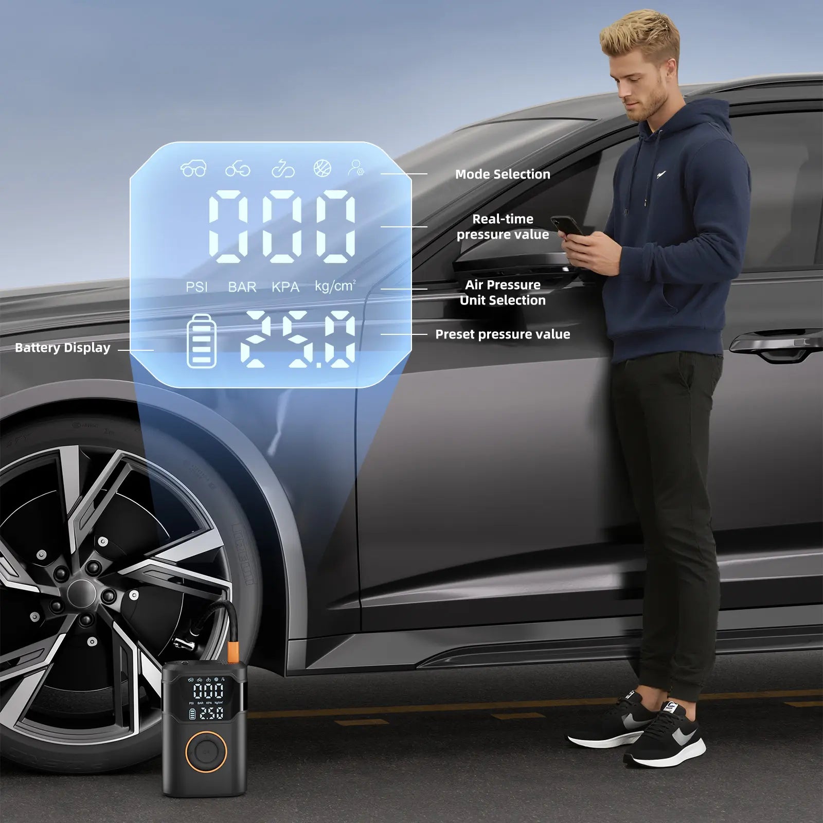 Okrinec Portable Tire Inflator - 150PSI High-Pressure Pump with Smart ON/OFF Hose Design, Lightweight Cordless, 4+1 Autostop Modes, Digital Gauge for Cars, Bicycles, Motorcycles & Balls - Includes USB Cable and Nozzles