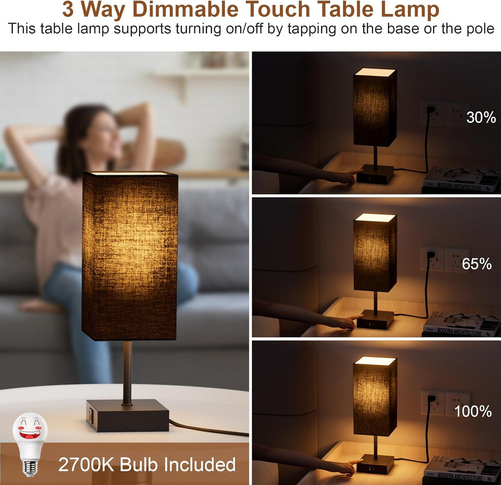 Sailstar 3-Way Dimmable Touch Table Lamp with USB Charging Ports - Elegant Black Nightstand Lamp for Bedroom, Living Room, and Desk